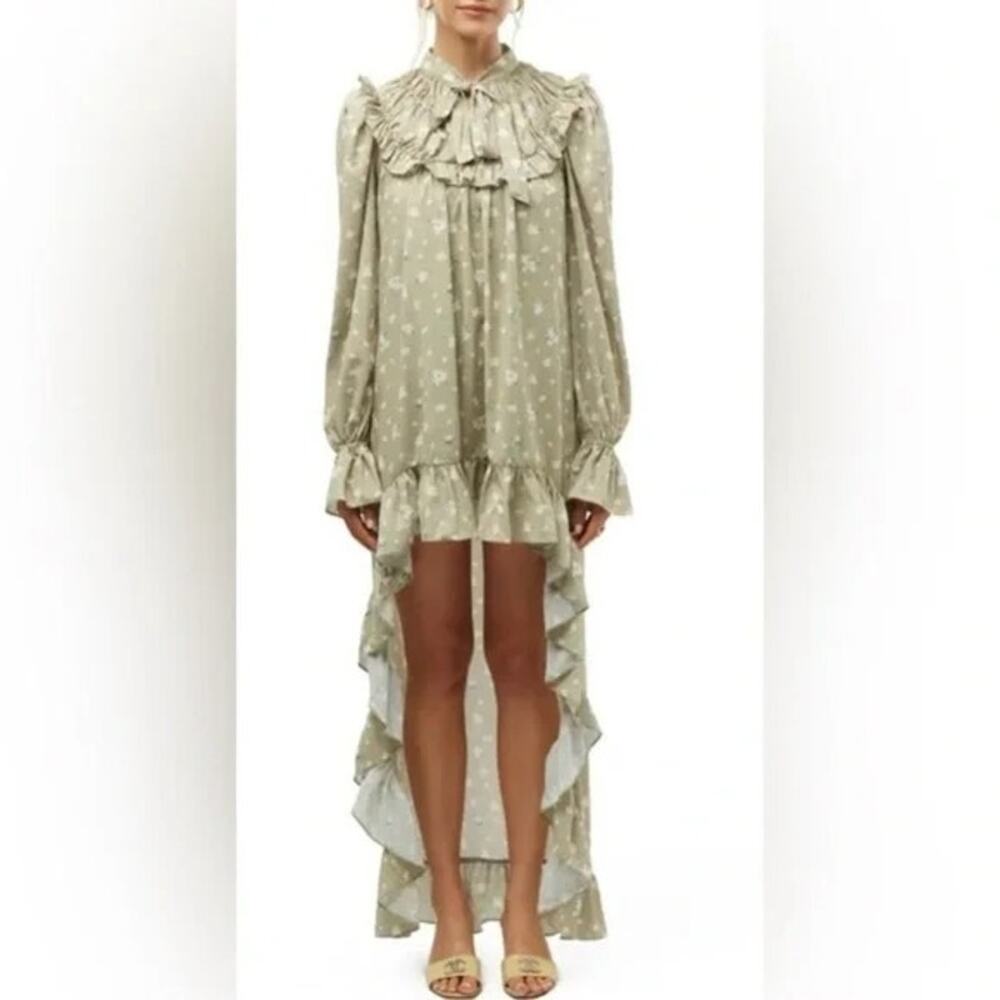 NWT WeWoreWhat High Low Polka Dot Floral Drape Ruffled Long Sleeve Dress S Sage